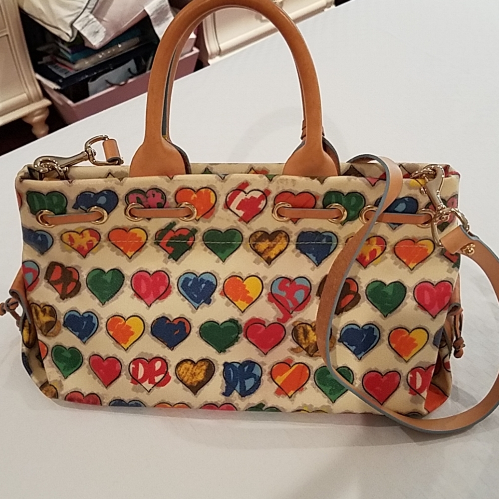 Dooney & Bourke Multicolor Heart Print Satchel with Tan Trim - Picture 3 of 5